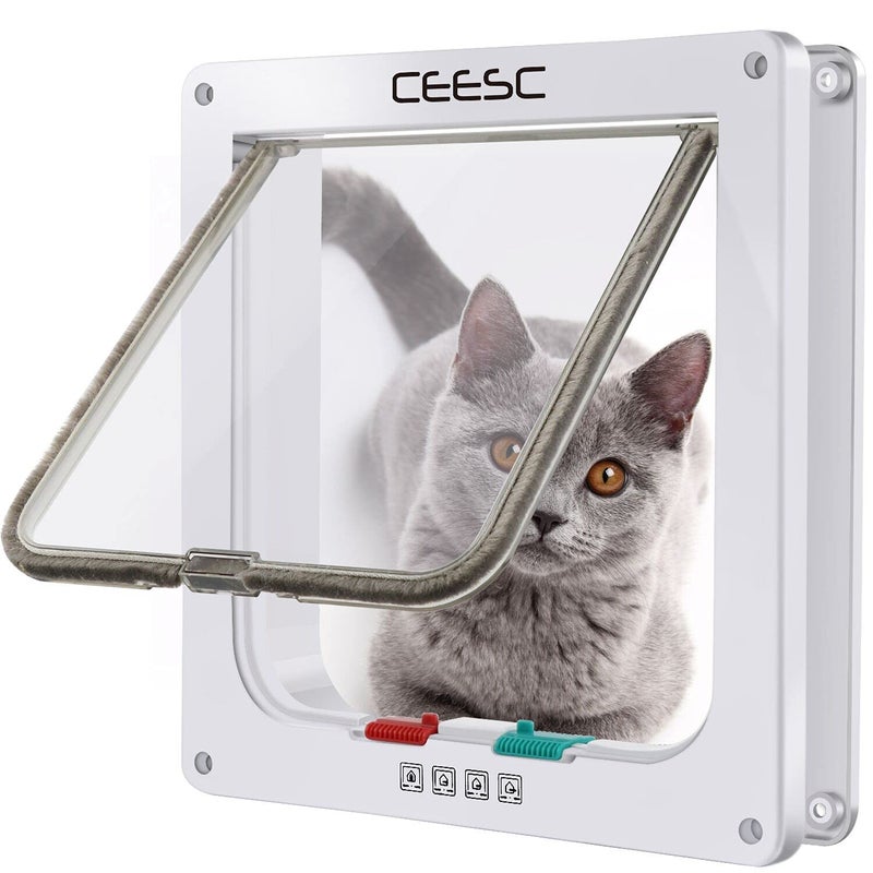 CEESC Cat Flap Door Magnetic Pet Door with 4 Way Lock for Cats, Kitties and Kittens, 2 Sizes and 2 Colors Options (L- Inner Size: 7.08"(W) x 7.48"(H), White) - Image 1